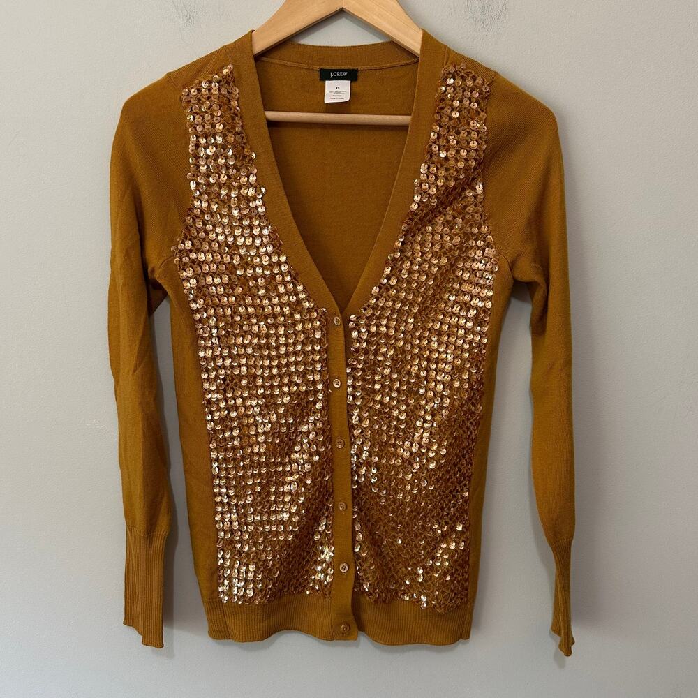 J Crew Sweater Womens XS Yellow Cardigan Merino Wool Sequins Minimalist Glam
